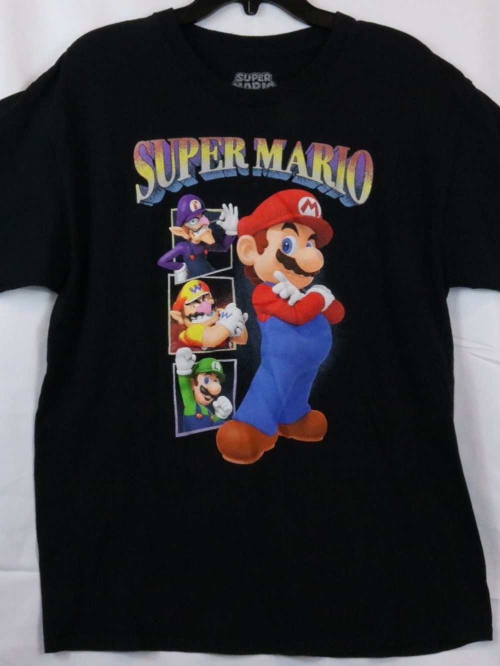 Super Mario Bros Mario Wario Luigi Waluigi Graphics SS Black T-shirt Size Large